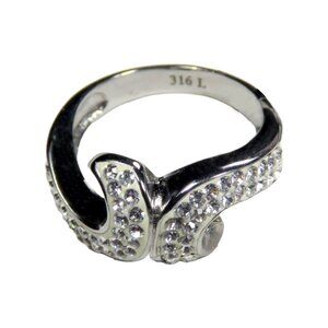 Inox Women's Polished Stainless Steel Ring with White Curves and CZ Accents
